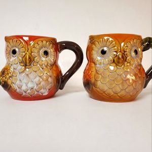 Beautiful Large Owl Coffee Mugs Pair Red and Orange Set